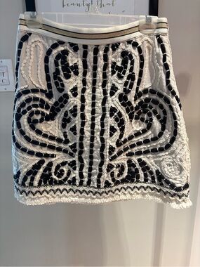 Maeve Anthropologie Cream & Black Boho Embroidered Mini Skirt Fringe - Size 6
